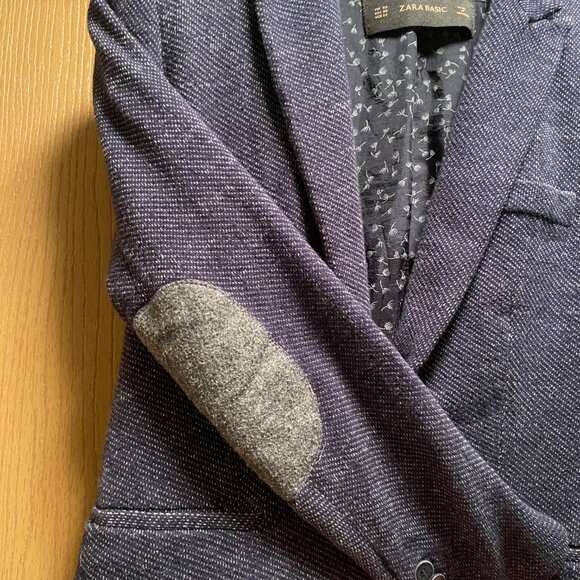 Zara Knit Textured Navy Blazer Star Lining Gray Elbow Patches Size XS Womens - Picture 4 of 6